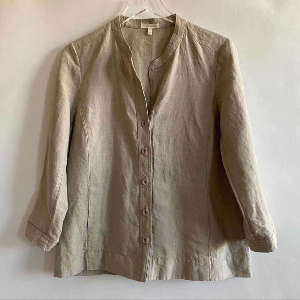 Eileen Fisher tan linen top buttons, 3/4 sleeve Medium - Picture 1 of 7
